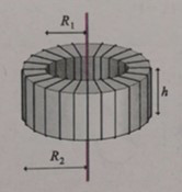 一截面为矩形的螺绕环，内外半径分别为R1和R2．高为h共有N匝线圈，螺绕环的轴处放一无限长直导线．当