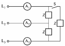 如下图所示电路，当闭合开关S时，三只电流表的读数都是3.8 A。设电源电压不变，当开关S断开时，三只