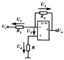 在下图所示理想运算放大电路中，R1=1kΩ，RF=3kΩ，Ui=1V，则U1、U2、U3、U4中电压