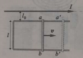 如图所示，长直载流导线载有电流I，一导线框与它处在同一平面内，导线ab可在线框上滑动。若ab向右以匀