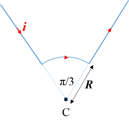 载流为           [图] 的导线包括一段半径为R、圆心在...载流为           