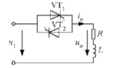 交流调功电路如下图所示，电源u1为工频220V，负载电阻R＝10Ω。当电感L为0时，控制方式为晶闸管