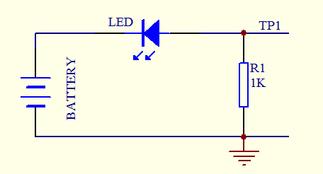 如图电源正3V，发光二极管正向压降为+2.0V，请问电阻上的压降是（TP1对地电压）： 