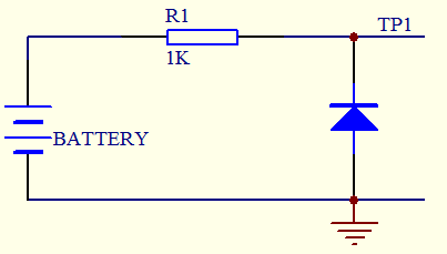 如图电源正15V，肖特基二极管正向压降为+0.3V，请问二极管上的压降是（TP1对地电压）： 