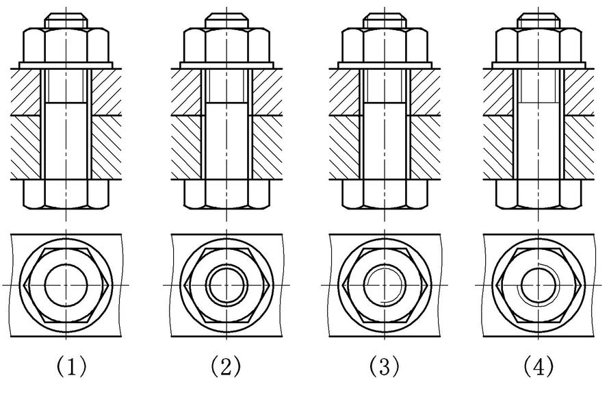 下列螺栓连接装配画法中正确的图形是： 