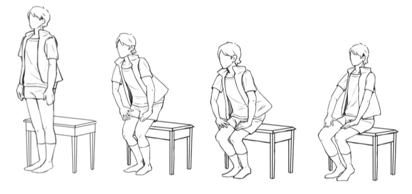坐下的动作:站定,身体以臀部探凳子边缘,左右试试看一下,坐下.