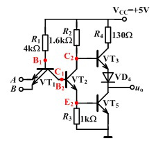设图中PN结的导通压降为0.7V，试求当电路的输入UA=UB=VCC时，VT1的基极电位UB1= 2