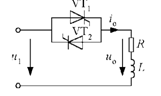 如图单相交流调压电路，电源u1为工频220V，负载电阻R＝5Ω，电感L＝0。设VT1和VT2的触发角