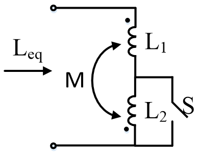 电路如下图所示，L1=4mH，L2=9mH，M=3mH，当开关S打开时，Leq为 mH  
