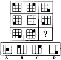 图形推理请从所给的四个选项中，选择最适合的一个填在问号处，使之呈现一定的规律性。 A．B．C．D．图