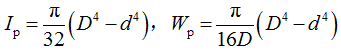 内外直径分别为d 和D 的空心圆轴，则横截面的极惯性矩和抗扭截面系数分别为（）。