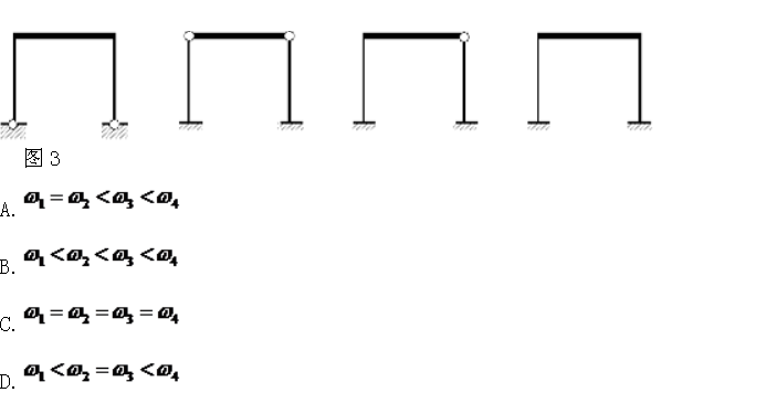 图3中的四个结构，柱子的刚度、高度相同，横梁刚度为无穷大，质量相同，集中在横梁上。它们的自振频率自左