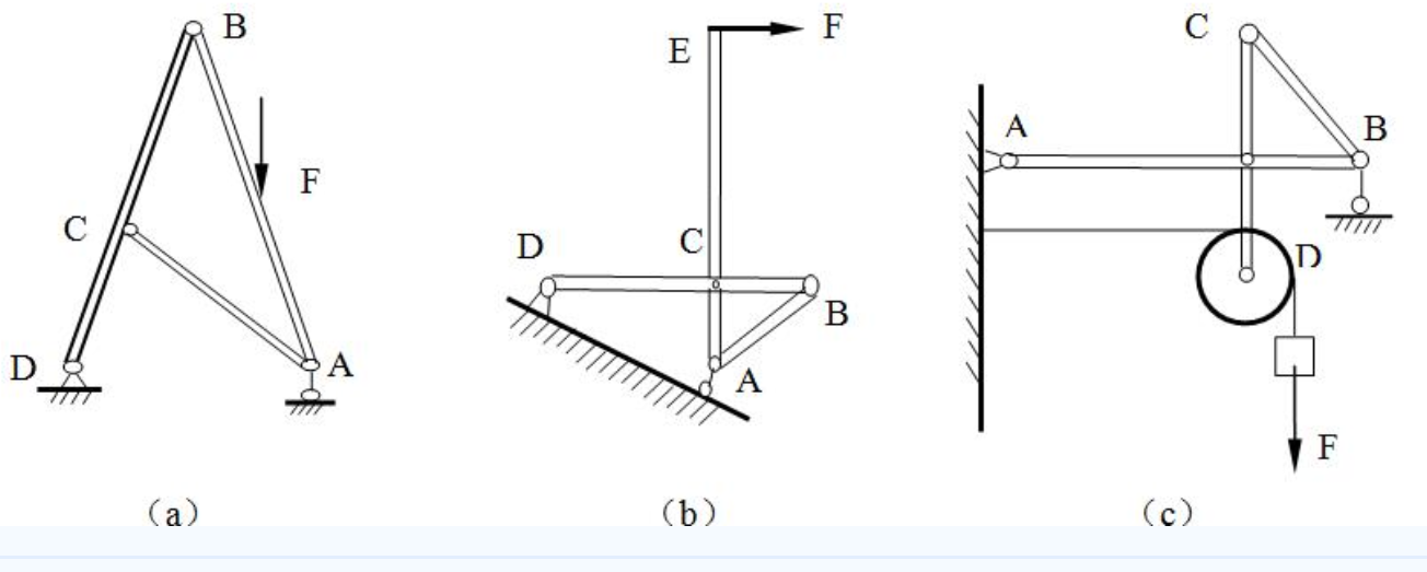 指出图（a) , （b) , （c)中所有的二力杆构件___。指出图(a) , (b) , (c)中