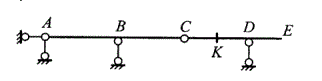 FP=1在图示梁AE上移动,K截面弯矩影响线上竖标等于零的部分为（)。A.DE.AB段B.CD.DE