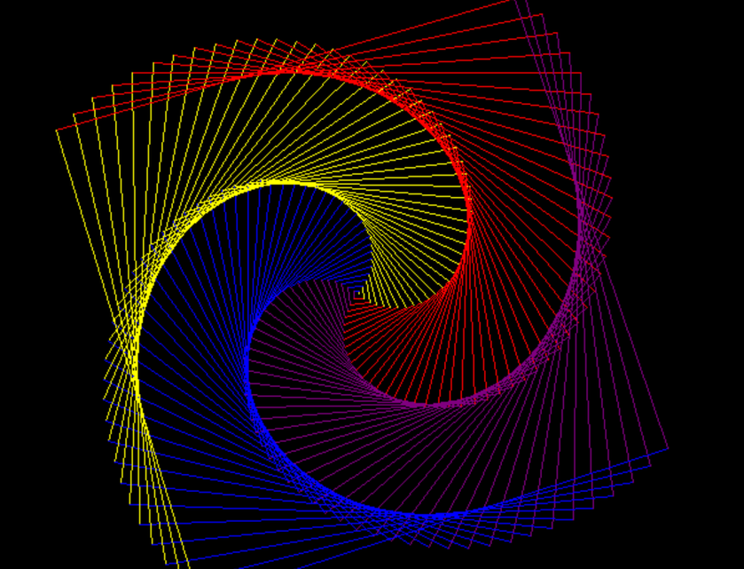 编程绘制一个具有红、黄、蓝、紫四色的彩色斜螺旋线，背景色为黑色，并在图片的右下角写上自己的姓名，字的