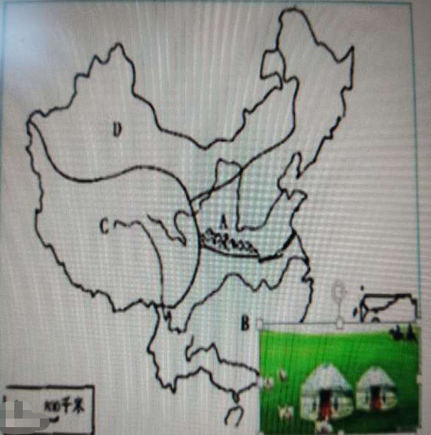 读中国地图，回答下列问题。（1）看图填出四大地理区域： A． ____________地区，B． _