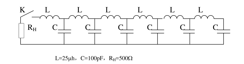 某人工长线如图，开关接通前已充电压10V，试画出该人工长线放电时（开关接通）在负载RH上产生的近似波