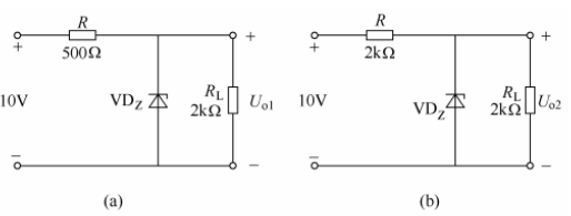 已知稳压管的稳压值UZ=6V，稳定电流的最小值IZmin=5mA，求下图所示电路中Uo1和Uo2各为