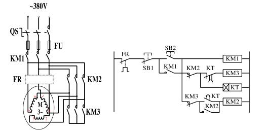 下图为笼型三项异步交流电动机Y-△启动的主回路图和电气控制原理图，其中SB1为停止按钮，SB2为启动