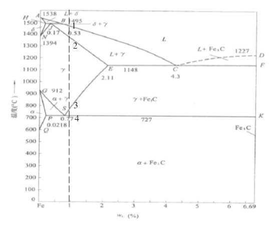 根据Fe-FeC平衡相图，分析含碳1.0%的碳钢的平衡结晶过3程，并写出其室温组织。请帮忙给出正确答