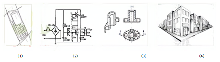 下面技术图样中，按照草图、电子线路图、透视图、剖视图顺序排列的是（）