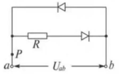 电阻R与两个完全相同的二极管连成如图所示的电路，a、b两端加上电压Uab=70V时，流经P点的电流为