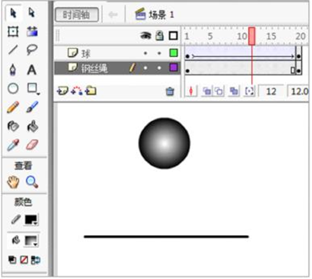小明想设计一个球落到钢丝绳上弹起的动画，如图所示，他绘制了一条线段表示钢丝绳，在使用选择工具对其调整