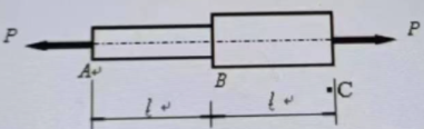阶梯形直杆ABRC受拉力F作用如图所示，若A段的横截面积为A1，BC段的横截面积为A2，两段杆长均为