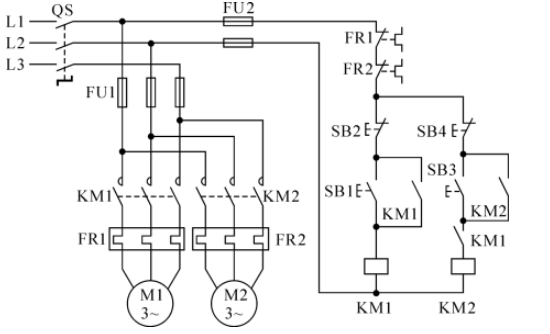 如下图所示的控制线路原理图，两台电动机启动和停止控制的特点是（）