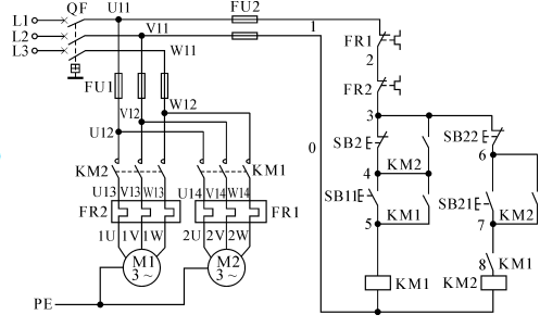 如图所示的电气控制线路中，下列关于两台电动机启动和停止控制特点的描述，正确的是（）