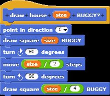 使用一个有bug的正方形程序块，我们想画出一个房子：  小正方形表示房子的门。编写以下脚本：  画出