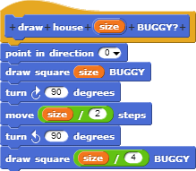 使用一个有bug的正方形程序块，我们想画出一个房子：   小正方形表示房子的门。编写以下脚本：  画