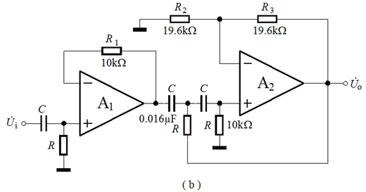 试指出图示（a）、（b）电路各属哪种类型、几阶滤波电路，并求出它们的通带增益。        