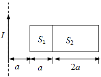 如图所示，在无限长直载流导线的右侧有面积为S1和S2的两个矩形回路。两个回路与长直载流导线在同一个平