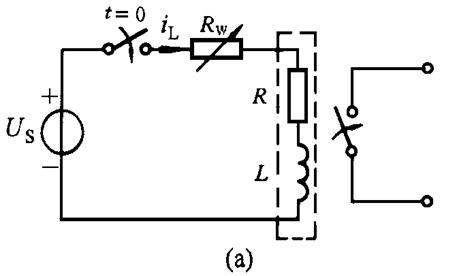 如图所示为一继电器延时电路模型。继电器参数：R=100W，L=4H，当线圈电流达到6mA时，继电器动
