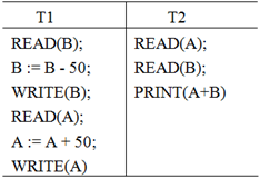 事务T1、T2如下图所示（注：PRINT (A+B)表示打印账户A和B的总金额）。         