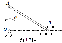 如图1.7所示曲柄连杆机构中，曲柄OA以匀角速度           绕O轴转动，则图示瞬时连杆AB