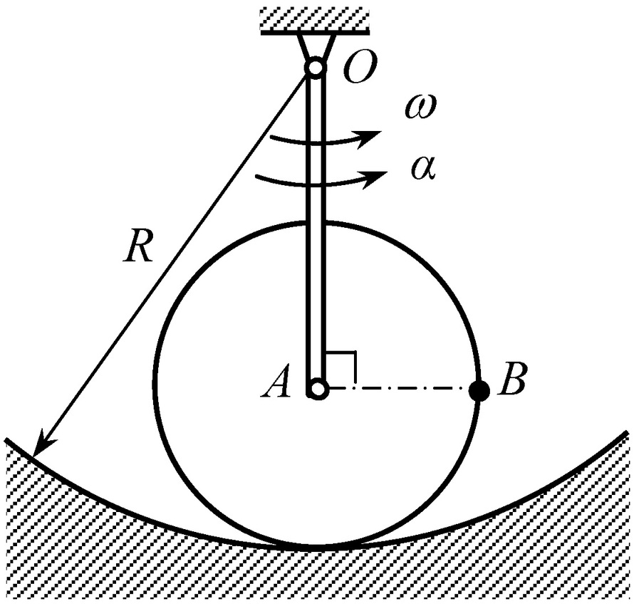 图示平面机构，杆oa绕定轴o转动，并驱动半径为r的轮a在半径为r的固定圆弧槽中作纯滚动。已知：r =