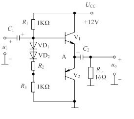 功放电路如图所示： （1) 如v1和v2的icm=200ma，pcm=200mw，u（br)ceo=