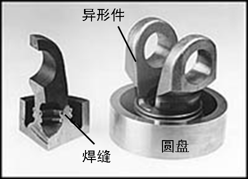 如图所示零件，在圆盘状基体端面焊接有一个异形件，年生产200000件，能够实现高效焊接的方法是： 