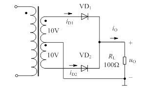 单相全波整流电路如图所示，图中已标出变压器副边绕组电压有效值。 （1） 负载rl上直流电压平均值uo