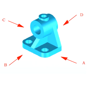 在视图选择过程中，主视图应尽量反映物体的形状特征。下图中，以轴承座为例，四个方向的投影中哪一个方向的