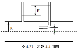 用一根直管和一个折管测量管中液体的流速，如图4-23所示。设流动为层流，测得两测压管的液面差h，若可