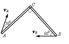 图示平面机构，ac=bc，两杆在c点铰接。图示瞬时，ac垂直于bc，a点和b点的速度方向如图所示，大