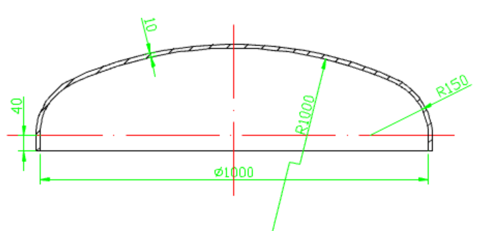 请用cad软件绘制公称直径1000mm，壁厚10mm，球面直径1000mm，直边40mm的蝶形封头。