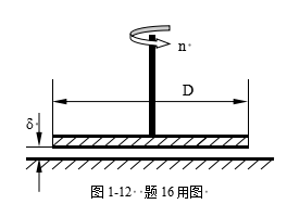 1-16、如图1-12所示直径为d=10cm的圆盘，由轴带动做旋转运动。圆盘与平台之间充满厚度为1-