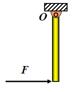 一根细杆的质量为m，长度为l，在其上端被悬挂起来，可绕水平转轴o转动，开始时静止。以一个冲击力作用于