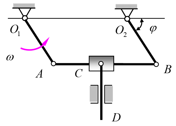 在图示平面机构中， O1A=O2B=100mm， O1A∥O2B，O1A以等角速度ω=2 rad/s