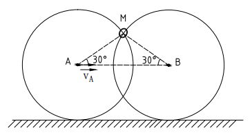 如图，两个大圆环的半径均为R=5cm，在该两圆环的接触处套一小环M。大圆环A沿水平面作纯滚动，在图示
