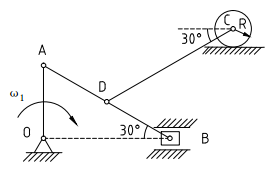 如图所示平面机构中，半径为R的圆轮在水平粗糙面上滚动而不滑动，滑块B在水平槽内滑动。已知曲柄OA在图